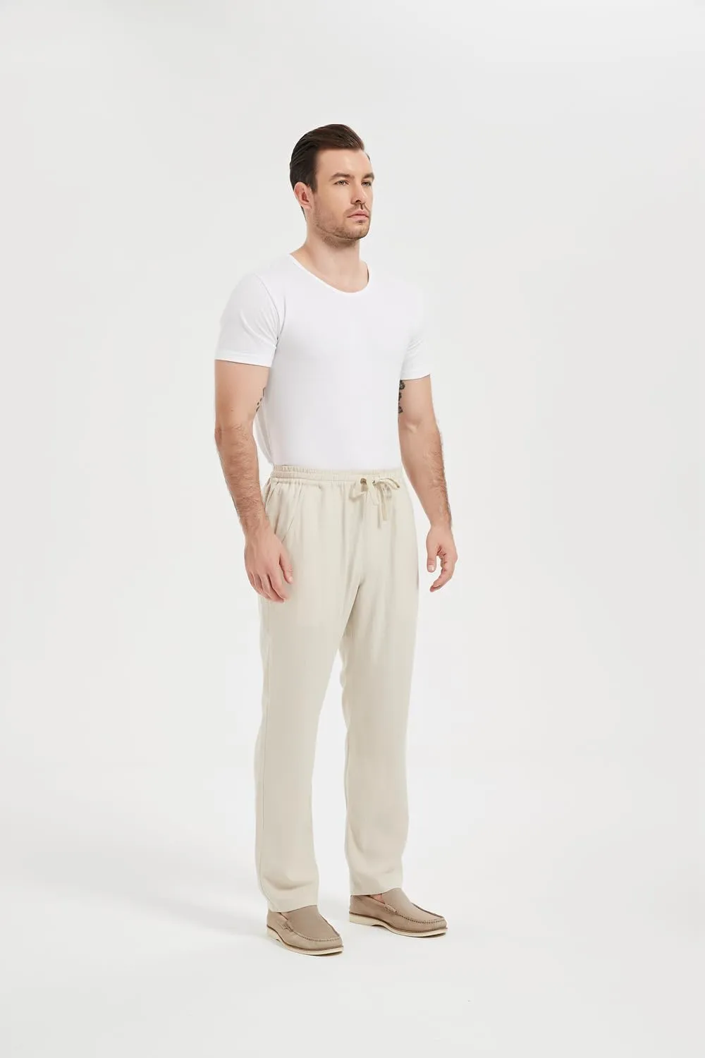 Isle Bay Mens Casual Linen Pants Relax Fit Elastic Waist Straight Leg Comfy Lounge Long Trouser Drawstring Straight Pant