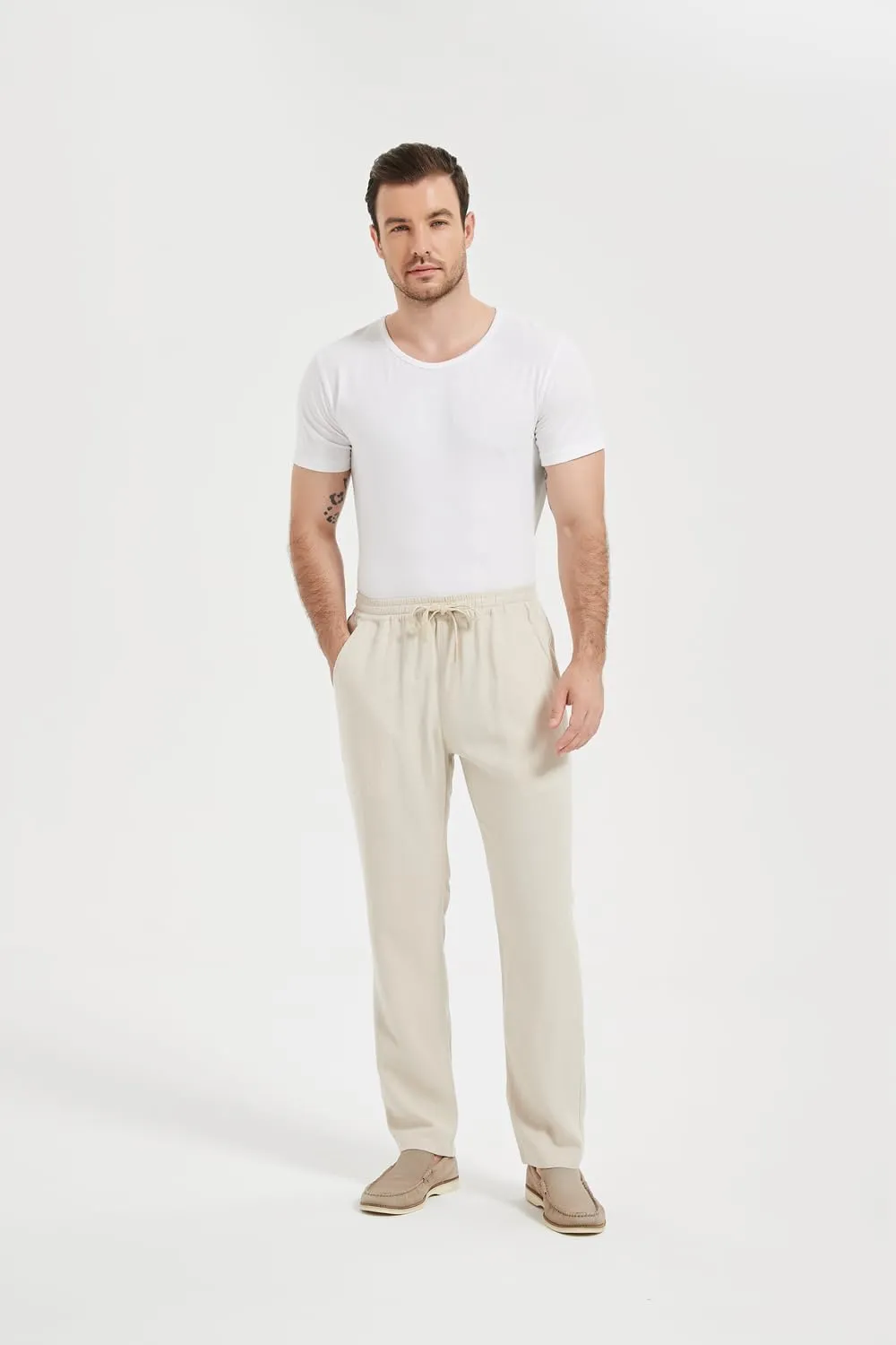 Isle Bay Mens Casual Linen Pants Relax Fit Elastic Waist Straight Leg Comfy Lounge Long Trouser Drawstring Straight Pant