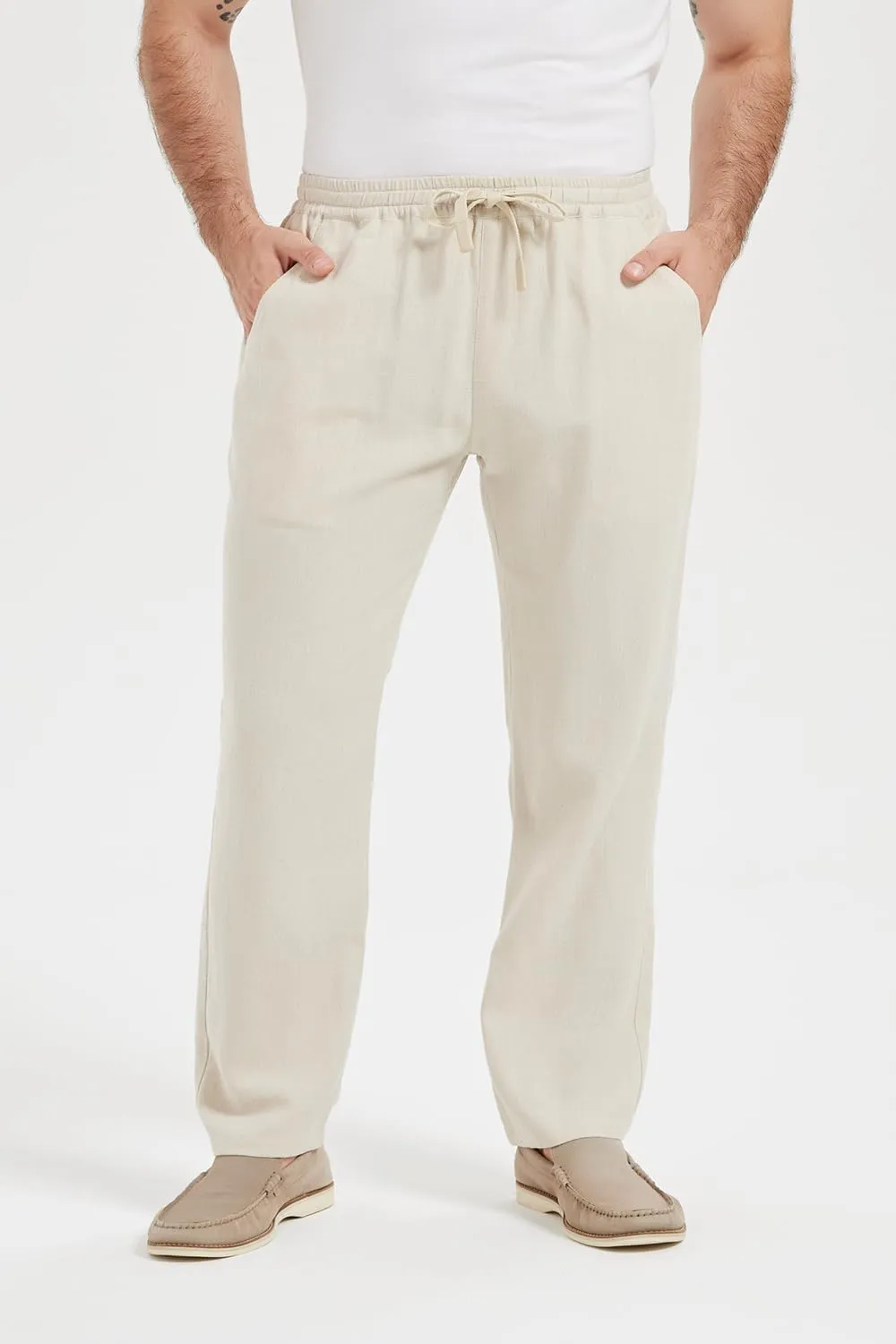 Isle Bay Mens Casual Linen Pants Relax Fit Elastic Waist Straight Leg Comfy Lounge Long Trouser Drawstring Straight Pant