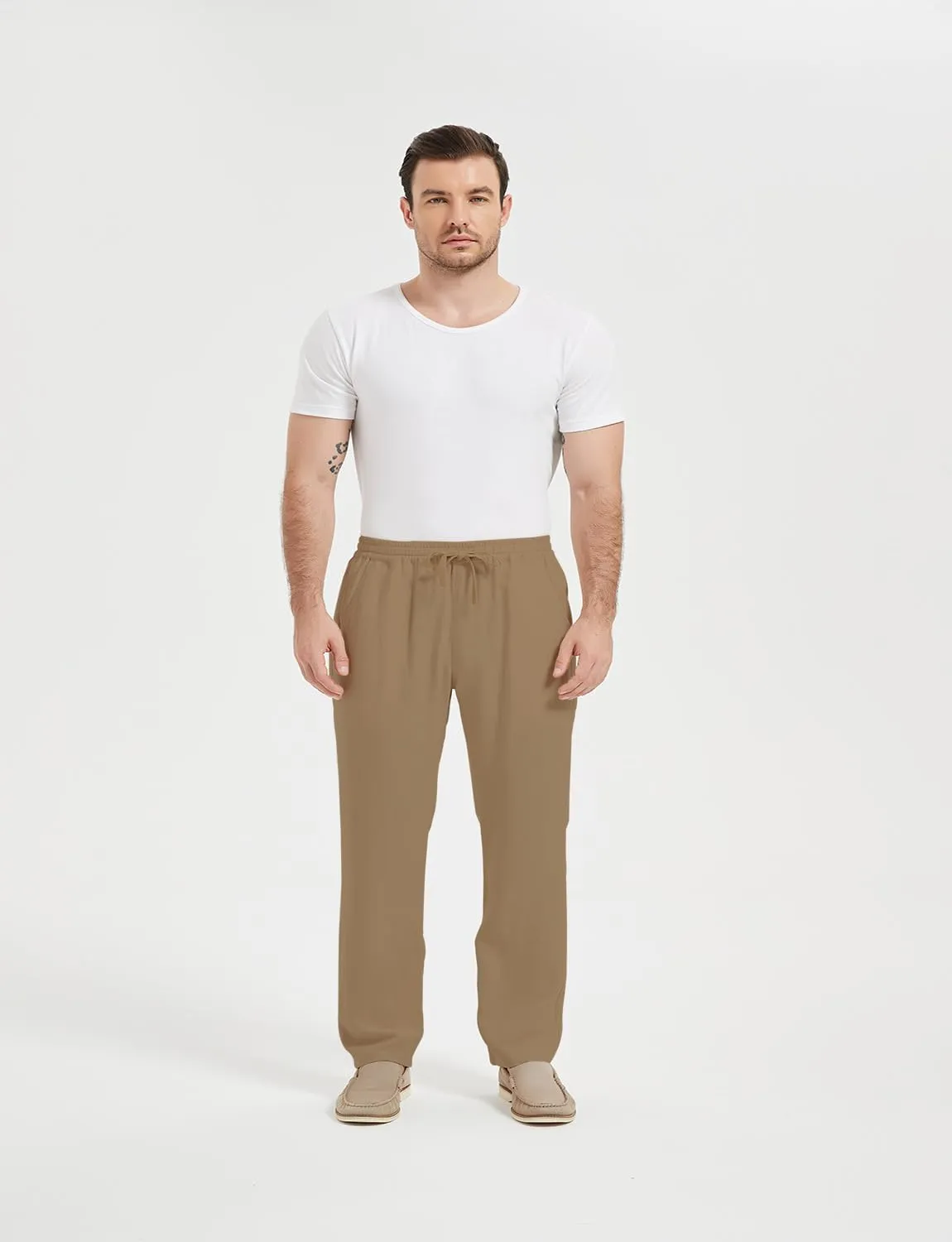 Isle Bay Mens Casual Linen Pants Relax Fit Elastic Waist Straight Leg Comfy Lounge Long Trouser Drawstring Straight Pant