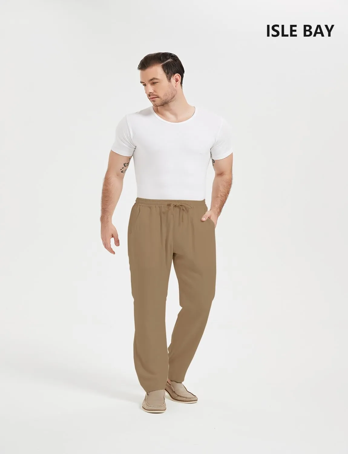 Isle Bay Mens Casual Linen Pants Relax Fit Elastic Waist Straight Leg Comfy Lounge Long Trouser Drawstring Straight Pant
