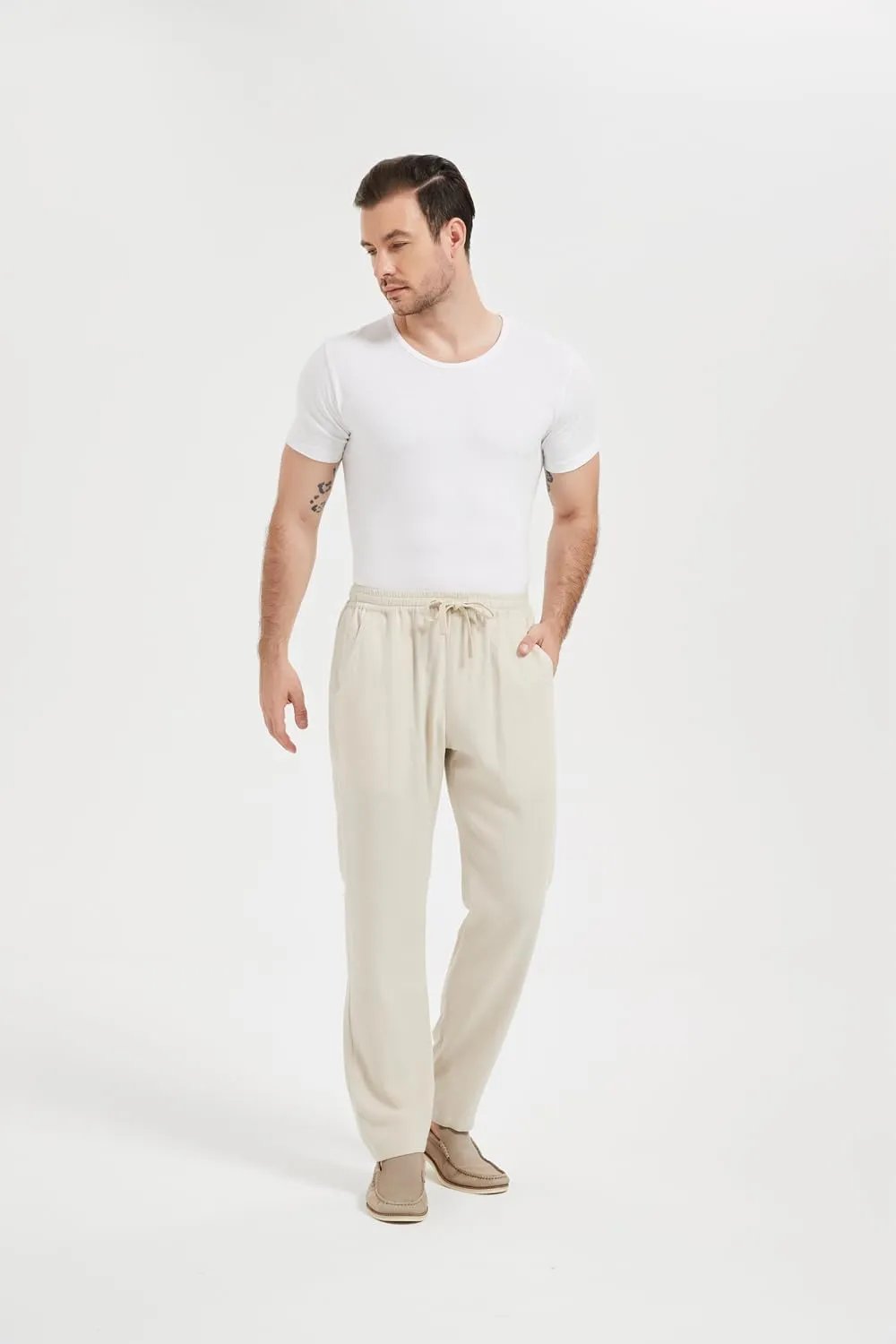 Isle Bay Mens Casual Linen Pants Relax Fit Elastic Waist Straight Leg Comfy Lounge Long Trouser Drawstring Straight Pant