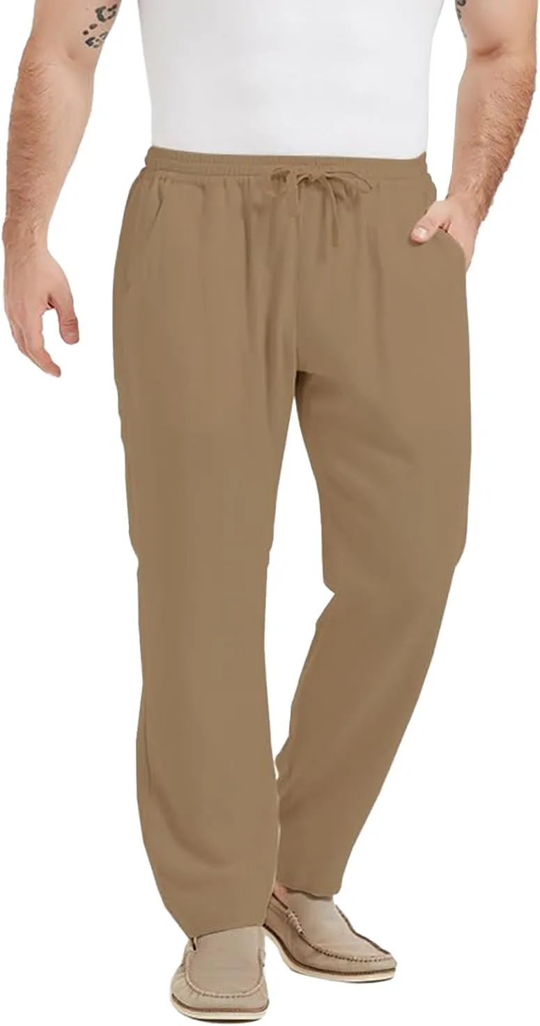 Isle Bay Mens Casual Linen Pants Relax Fit Elastic Waist Straight Leg Comfy Lounge Long Trouser Drawstring Straight Pant