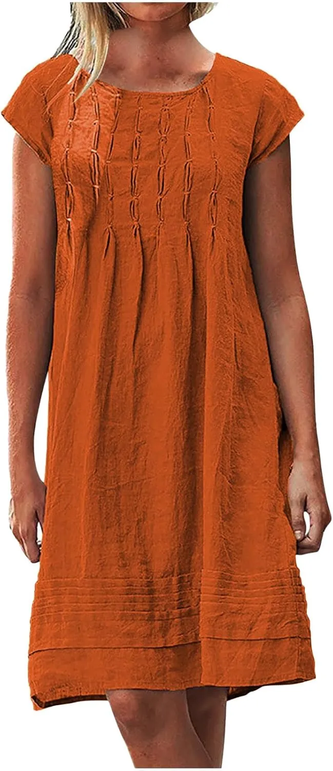 Kubbon Linen Dress for Women Plus Size Cap Sleeve Pleated Summer Midi Dresses Crew Neck Casual Dress Trendy Vacation Clothes