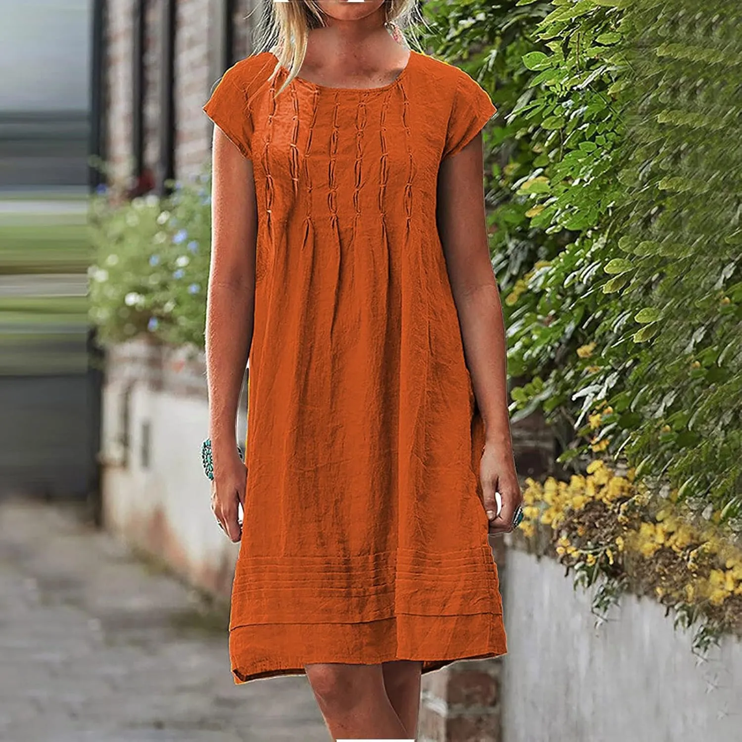 Kubbon Linen Dress for Women Plus Size Cap Sleeve Pleated Summer Midi Dresses Crew Neck Casual Dress Trendy Vacation Clothes