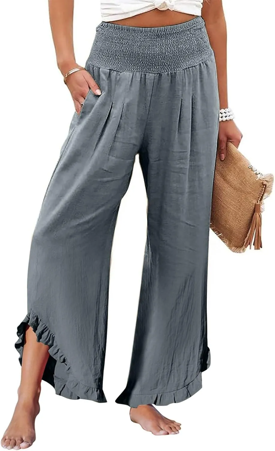 Linen Pants Women Smocked High Waisted Loose Wide Leg Pants Summer Ruffle Hem Palazzo Pant Boho Flowy Pant