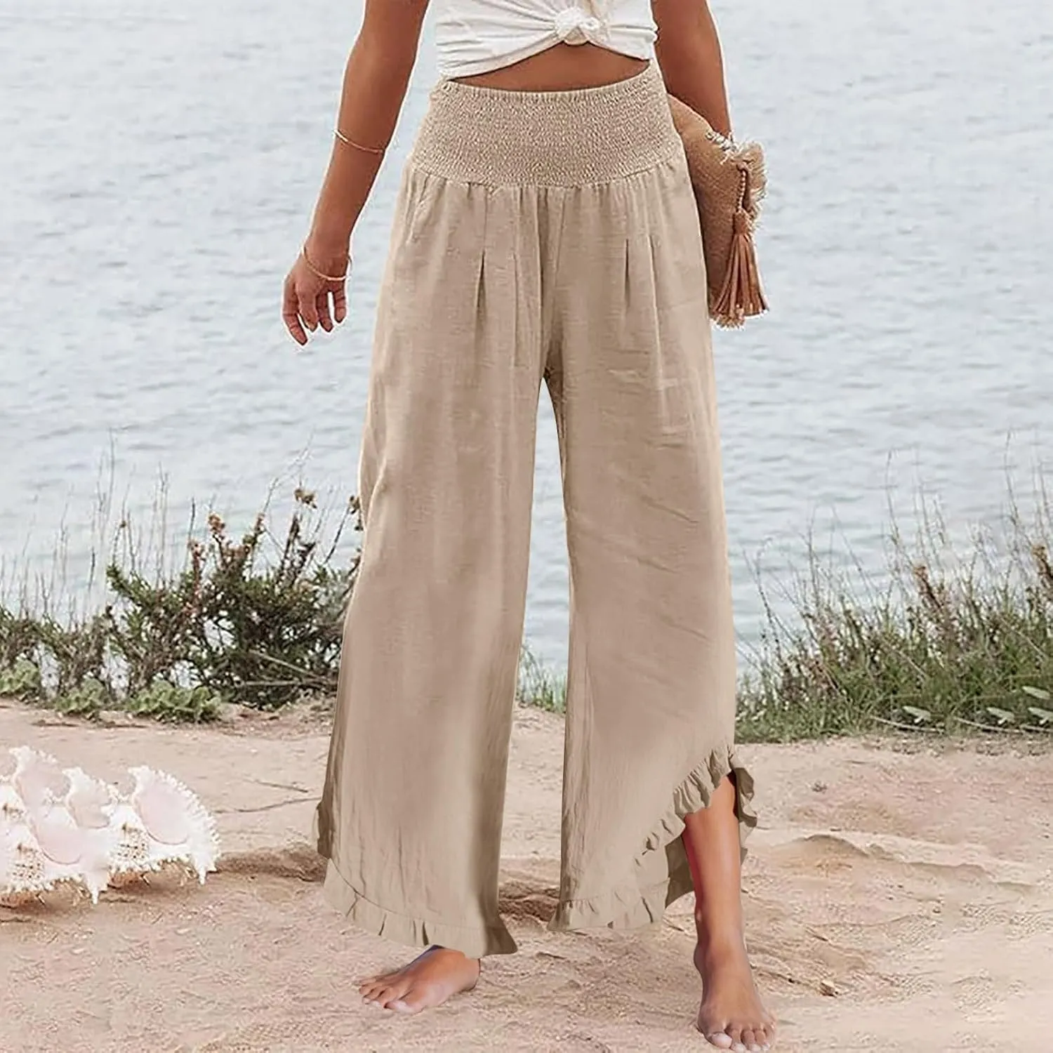 Linen Pants Women Smocked High Waisted Loose Wide Leg Pants Summer Ruffle Hem Palazzo Pant Boho Flowy Pant