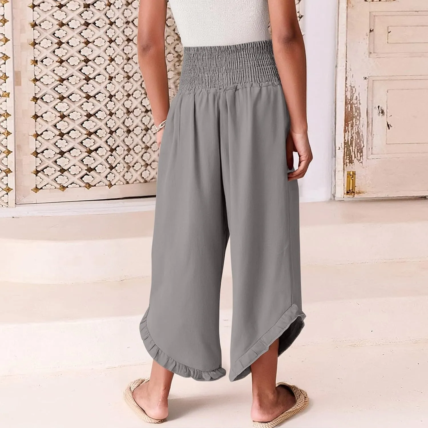Linen Pants Women Smocked High Waisted Loose Wide Leg Pants Summer Ruffle Hem Palazzo Pant Boho Flowy Pant