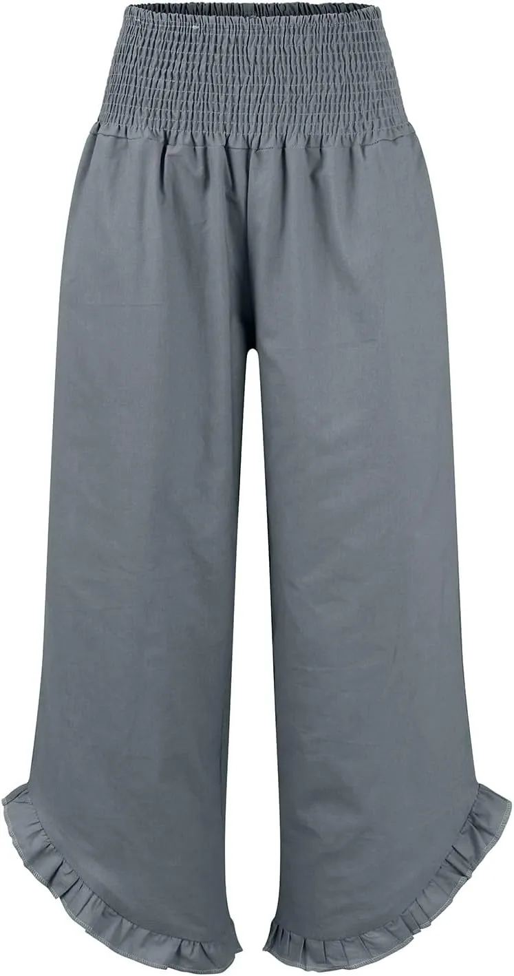 Linen Pants Women Smocked High Waisted Loose Wide Leg Pants Summer Ruffle Hem Palazzo Pant Boho Flowy Pant