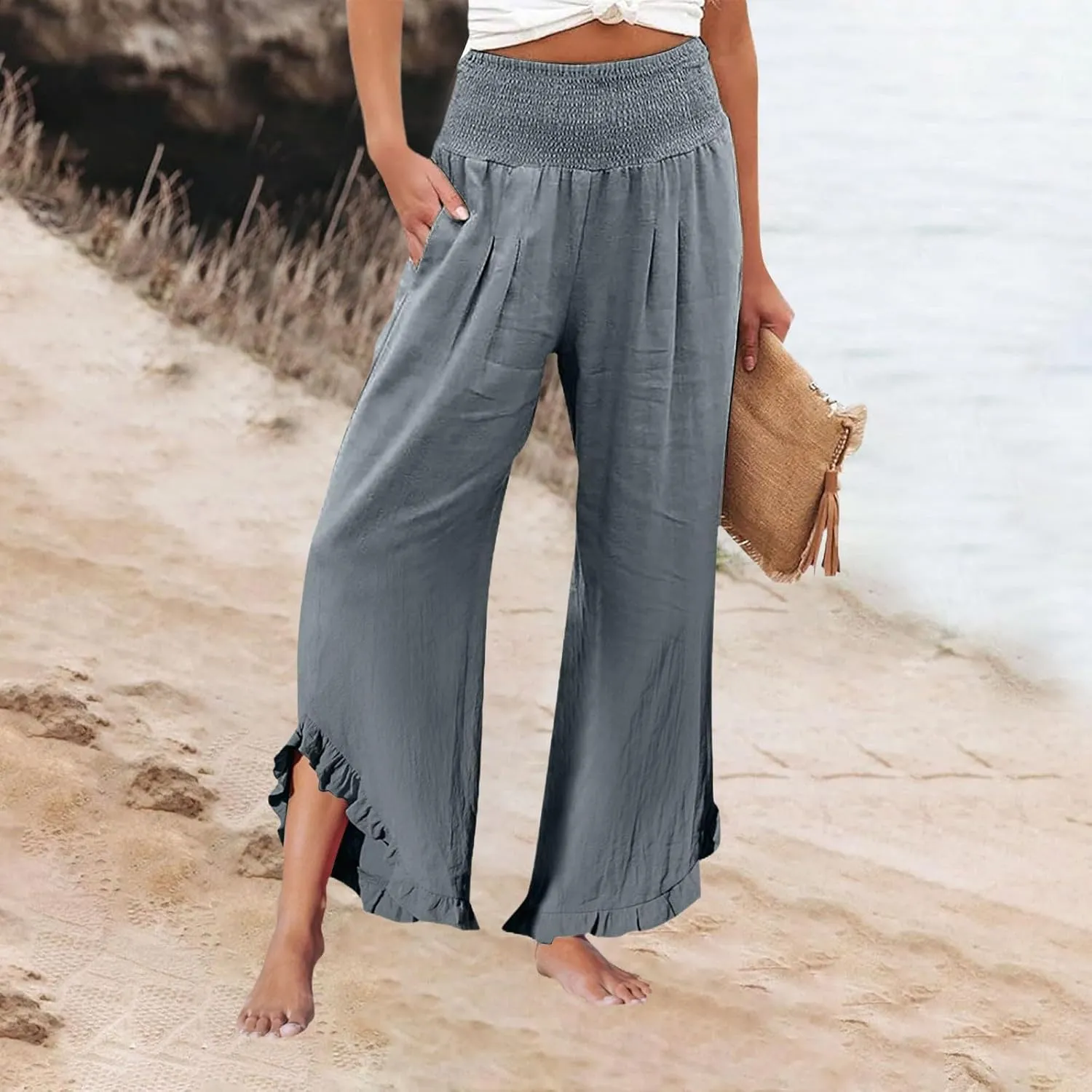 Linen Pants Women Smocked High Waisted Loose Wide Leg Pants Summer Ruffle Hem Palazzo Pant Boho Flowy Pant