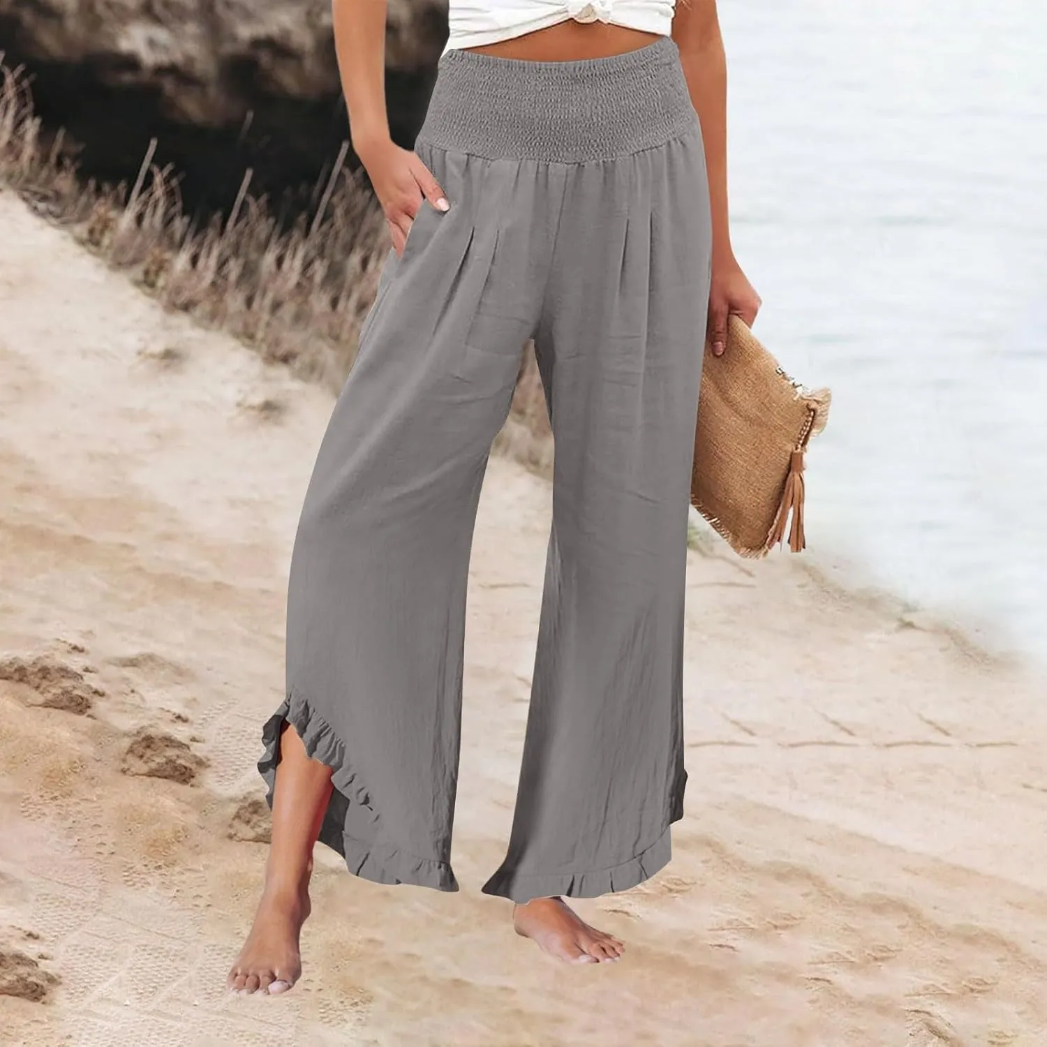 Linen Pants Women Smocked High Waisted Loose Wide Leg Pants Summer Ruffle Hem Palazzo Pant Boho Flowy Pant