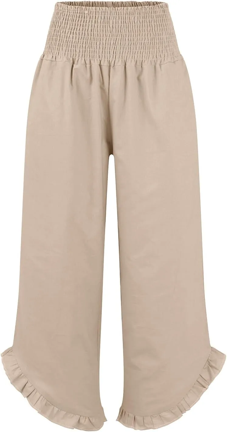 Linen Pants Women Smocked High Waisted Loose Wide Leg Pants Summer Ruffle Hem Palazzo Pant Boho Flowy Pant