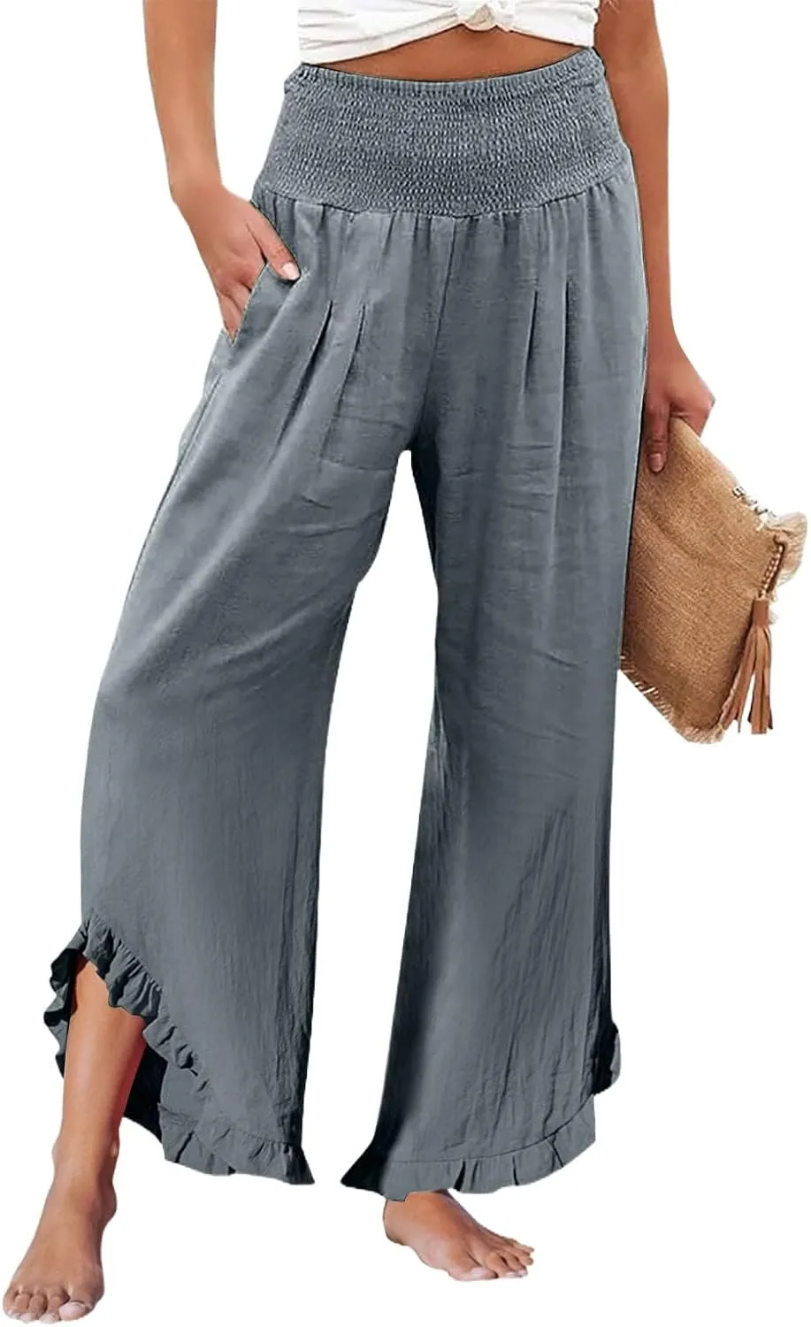 Linen Pants Women Smocked High Waisted Loose Wide Leg Pants Summer Ruffle Hem Palazzo Pant Boho Flowy Pant
