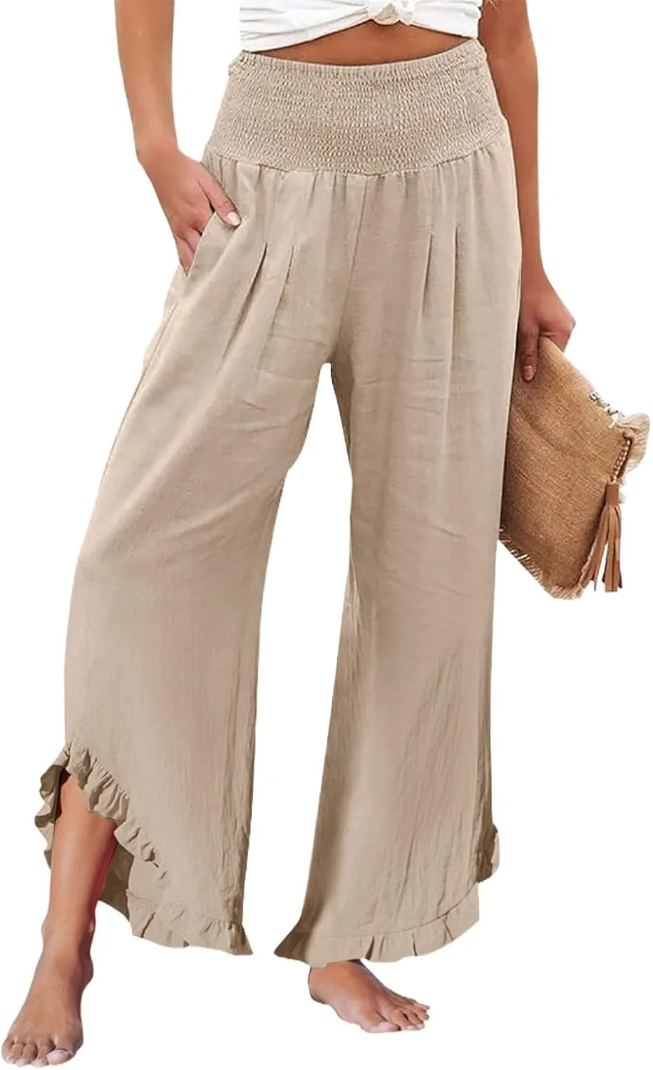Linen Pants Women Smocked High Waisted Loose Wide Leg Pants Summer Ruffle Hem Palazzo Pant Boho Flowy Pant