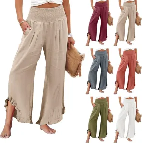 Linen Pants Women Smocked High Waisted Loose Wide Leg Pants Summer Ruffle Hem Palazzo Pant Boho Flowy Pant