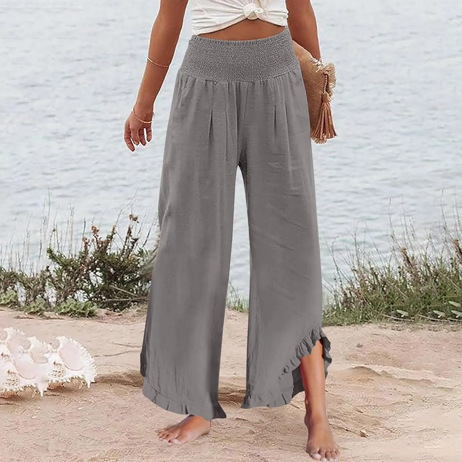 Linen Pants Women Smocked High Waisted Loose Wide Leg Pants Summer Ruffle Hem Palazzo Pant Boho Flowy Pant