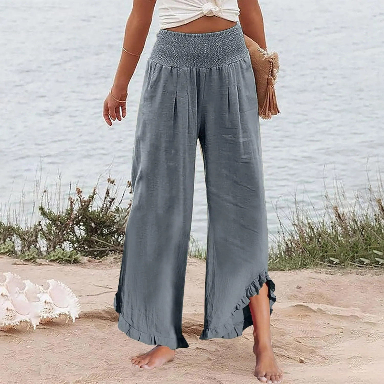 Linen Pants Women Smocked High Waisted Loose Wide Leg Pants Summer Ruffle Hem Palazzo Pant Boho Flowy Pant