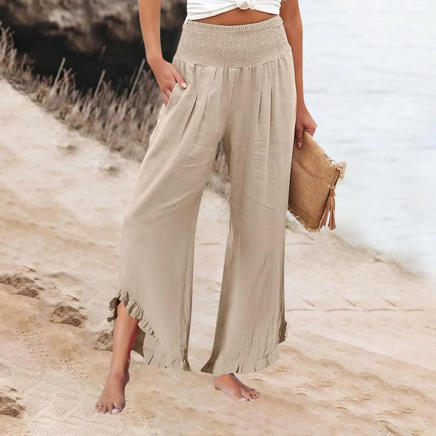 Linen Pants Women Smocked High Waisted Loose Wide Leg Pants Summer Ruffle Hem Palazzo Pant Boho Flowy Pant