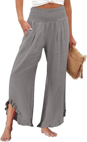 Linen Pants Women Smocked High Waisted Loose Wide Leg Pants Summer Ruffle Hem Palazzo Pant Boho Flowy Pant