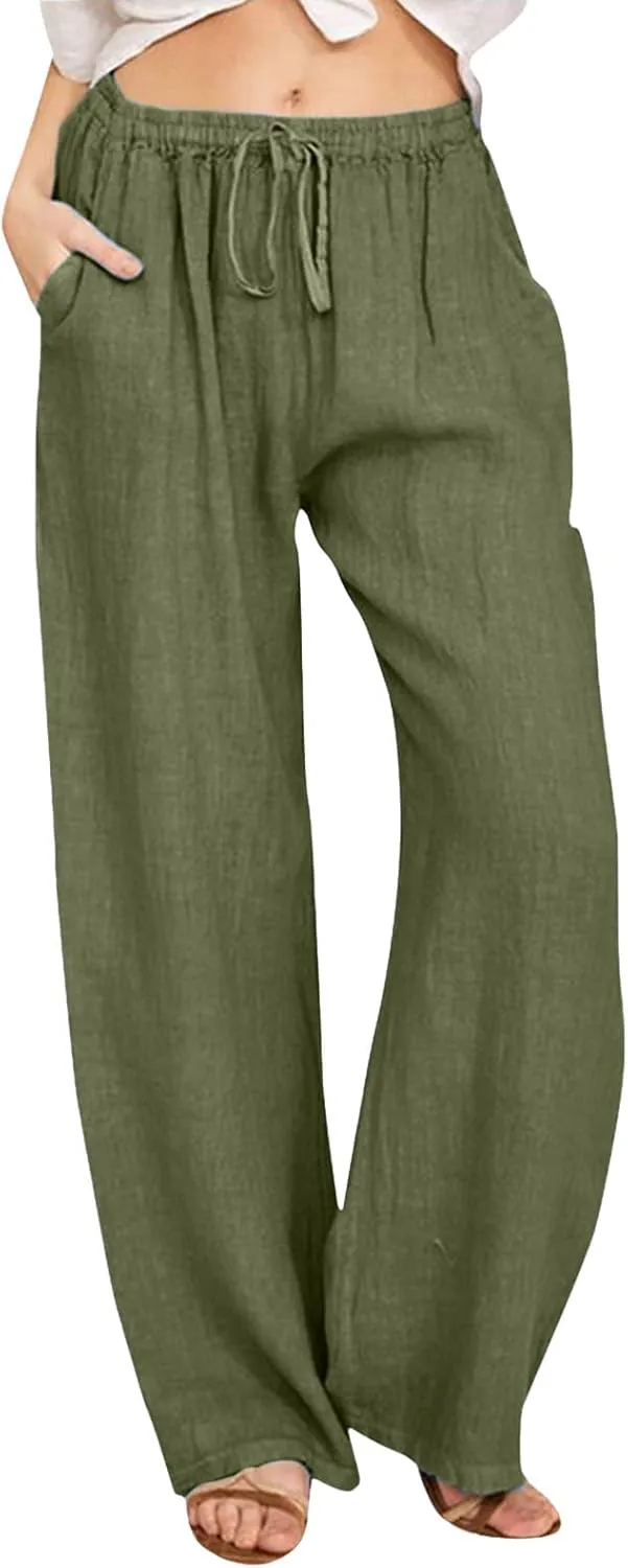 Linen Pants Women Summer Drawstring Waist Wide Leg Loose Palazzo Pants Casual Comfy Beach Vacation Long Trousers