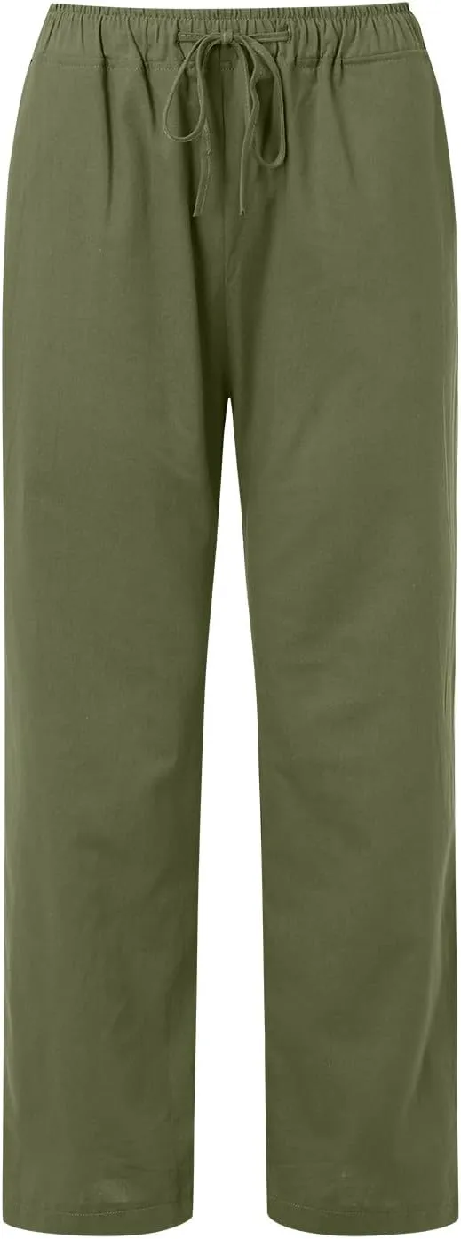 Linen Pants Women Summer Drawstring Waist Wide Leg Loose Palazzo Pants Casual Comfy Beach Vacation Long Trousers