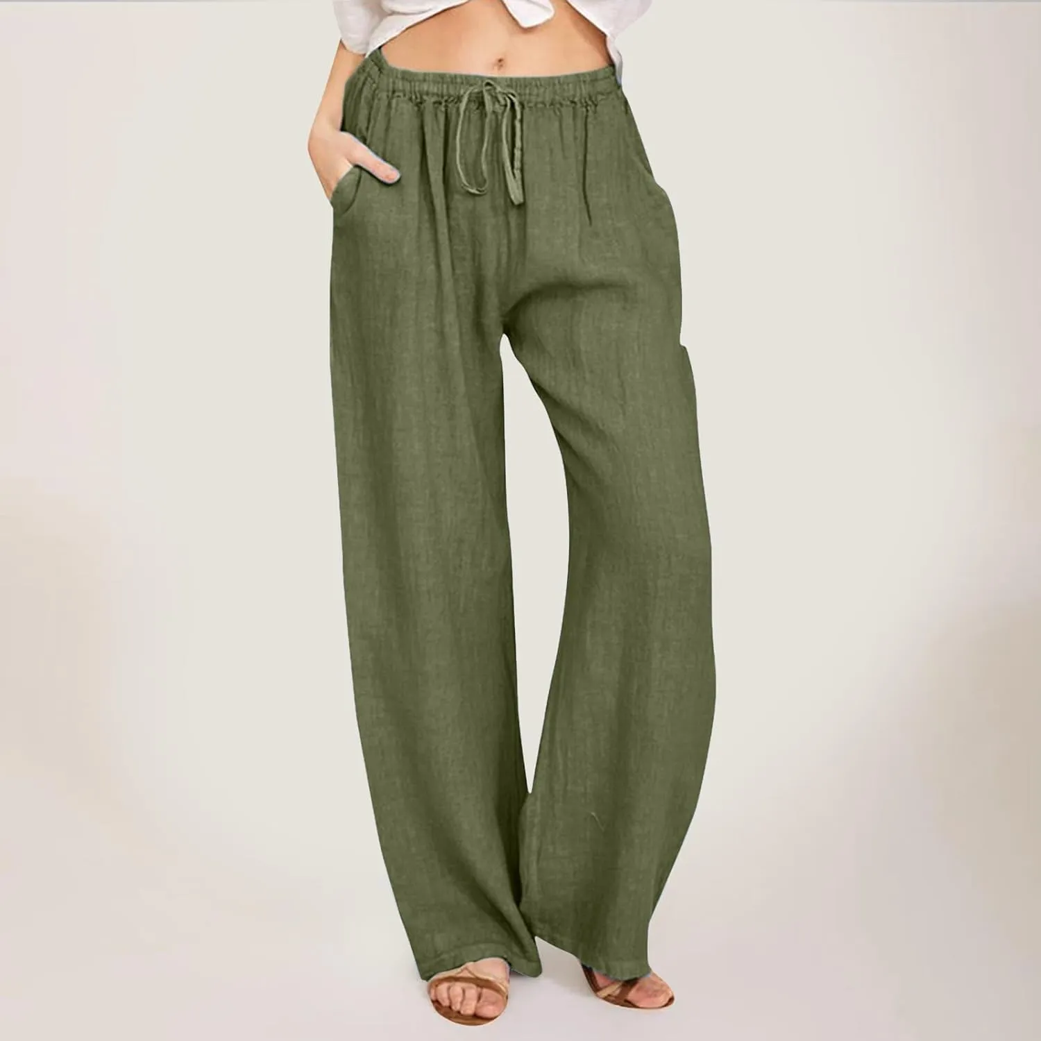 Linen Pants Women Summer Drawstring Waist Wide Leg Loose Palazzo Pants Casual Comfy Beach Vacation Long Trousers