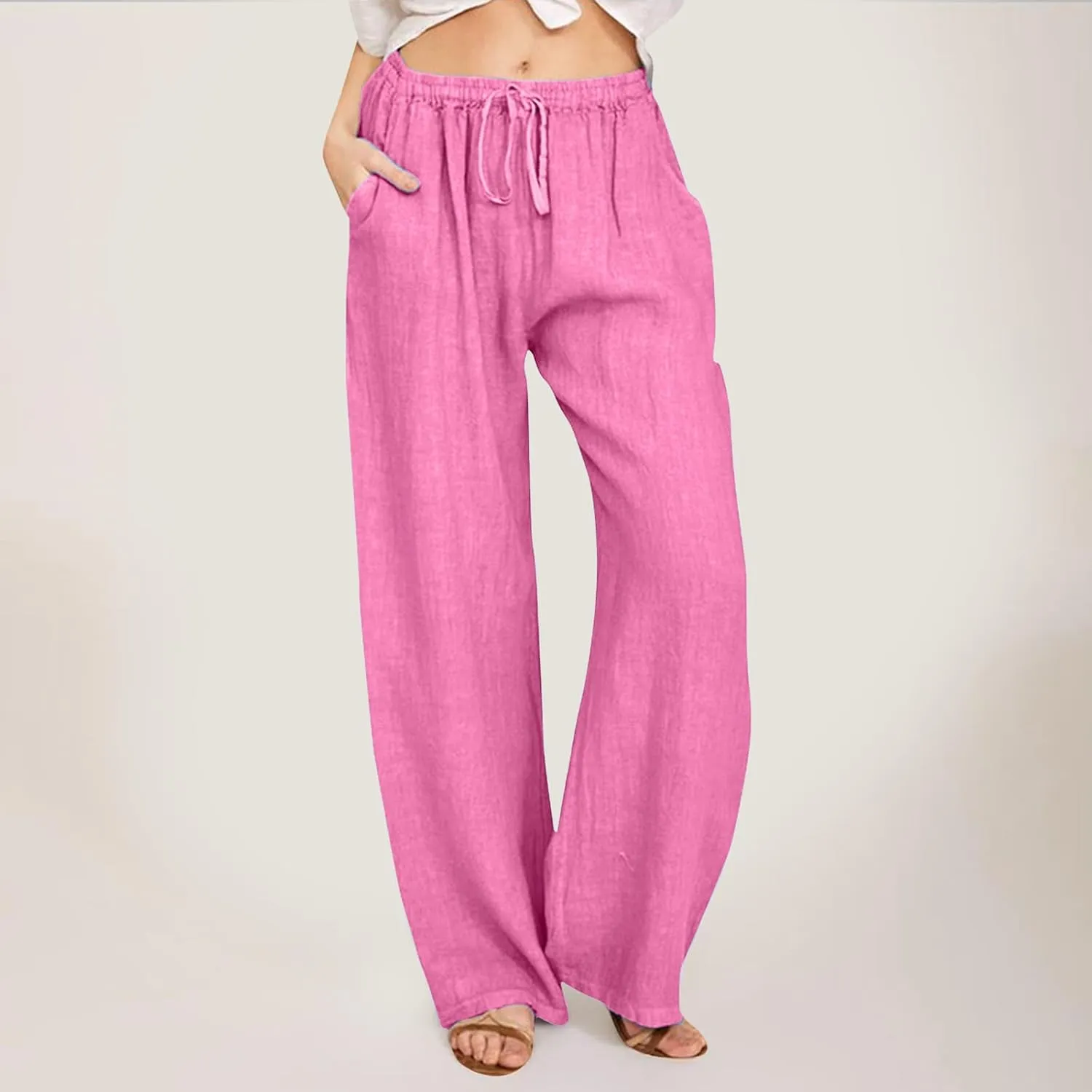 Linen Pants Women Summer Drawstring Waist Wide Leg Loose Palazzo Pants Casual Comfy Beach Vacation Long Trousers