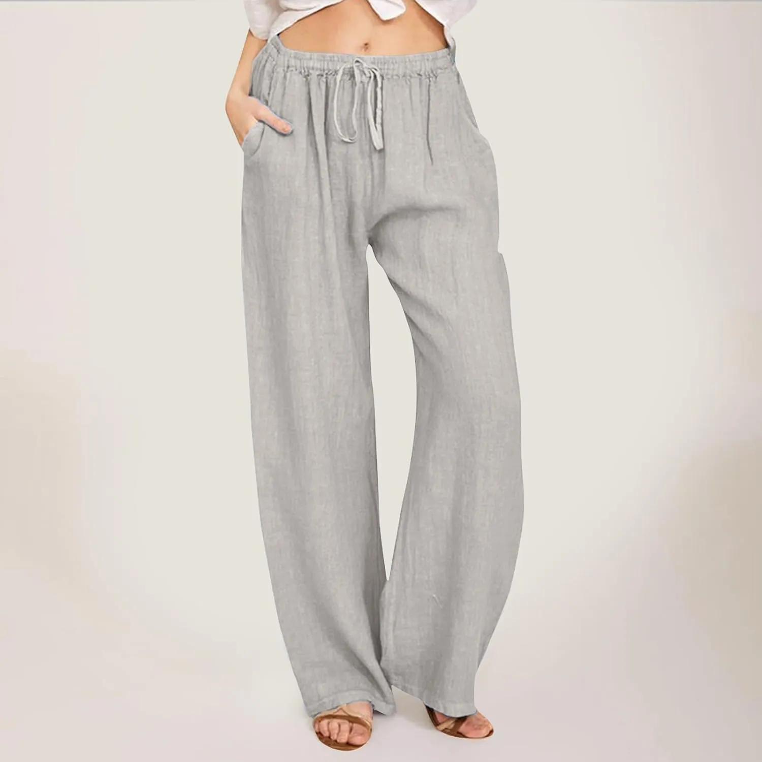 Linen Pants Women Summer Drawstring Waist Wide Leg Loose Palazzo Pants Casual Comfy Beach Vacation Long Trousers