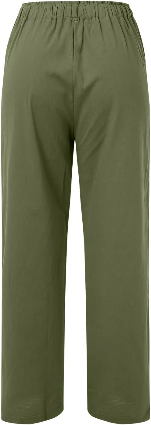 Linen Pants Women Summer Drawstring Waist Wide Leg Loose Palazzo Pants Casual Comfy Beach Vacation Long Trousers