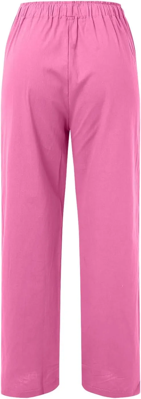 Linen Pants Women Summer Drawstring Waist Wide Leg Loose Palazzo Pants Casual Comfy Beach Vacation Long Trousers