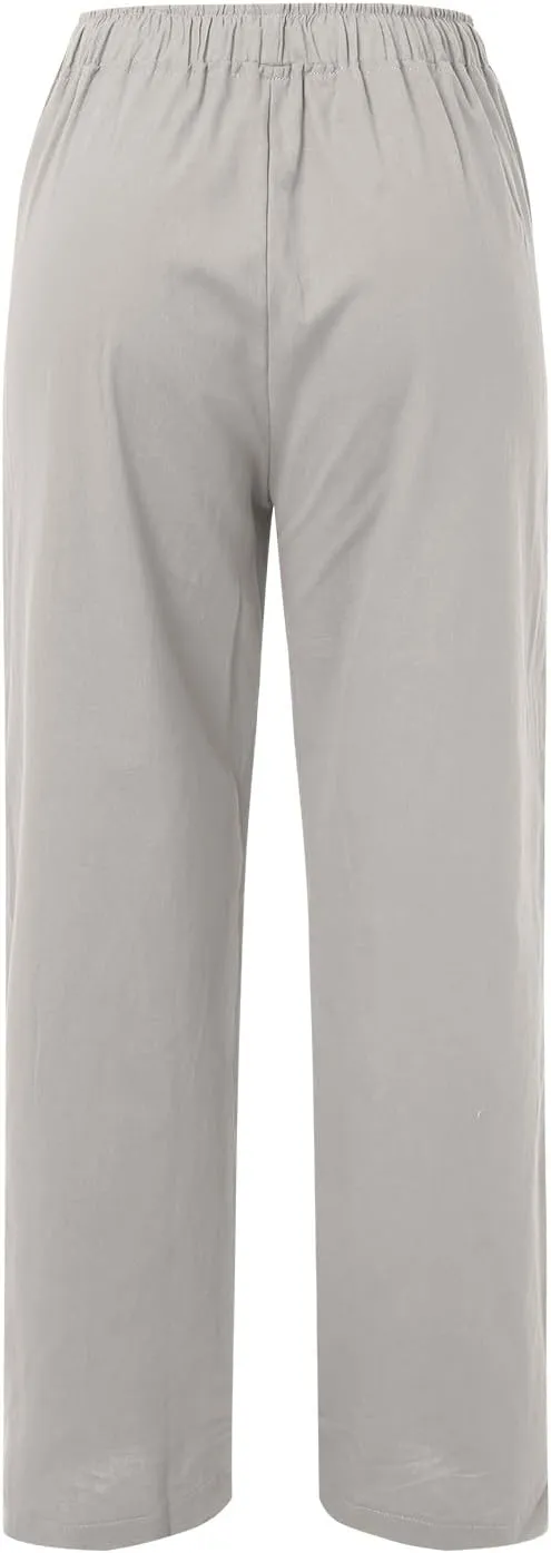 Linen Pants Women Summer Drawstring Waist Wide Leg Loose Palazzo Pants Casual Comfy Beach Vacation Long Trousers