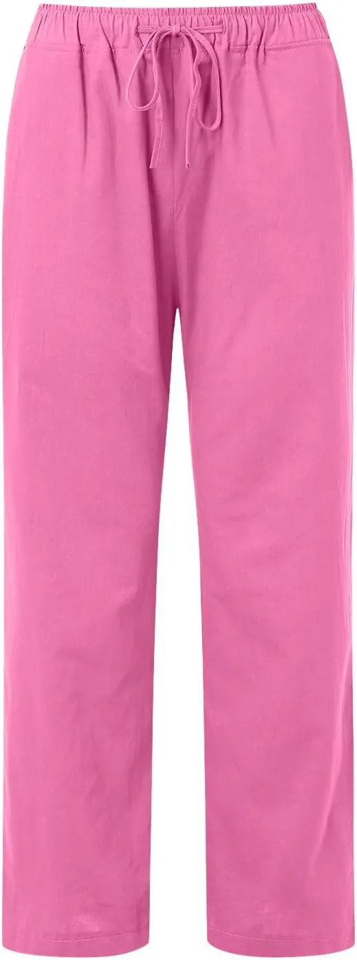 Linen Pants Women Summer Drawstring Waist Wide Leg Loose Palazzo Pants Casual Comfy Beach Vacation Long Trousers