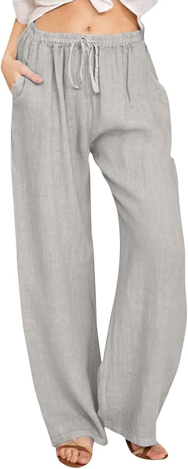 Linen Pants Women Summer Drawstring Waist Wide Leg Loose Palazzo Pants Casual Comfy Beach Vacation Long Trousers