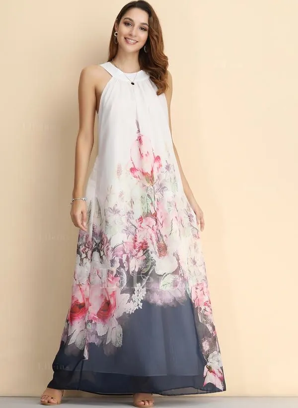 Long Floral Chiffon Dress, Bohemian Romantic Summer Dress for Women