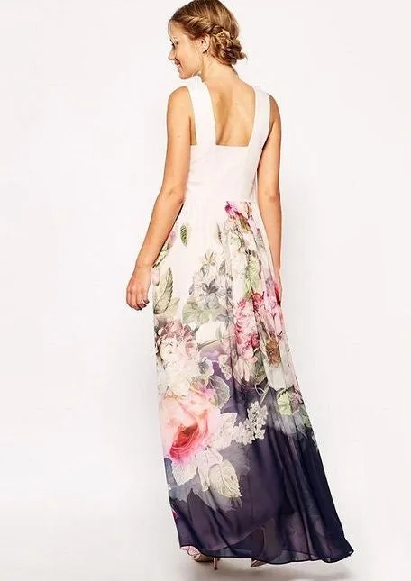 Long Floral Chiffon Dress, Bohemian Romantic Summer Dress for Women