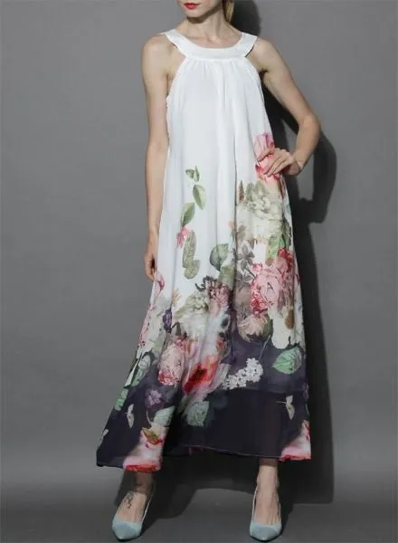 Long Floral Chiffon Dress, Bohemian Romantic Summer Dress for Women