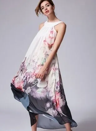 Long Floral Chiffon Dress, Bohemian Romantic Summer Dress for Women
