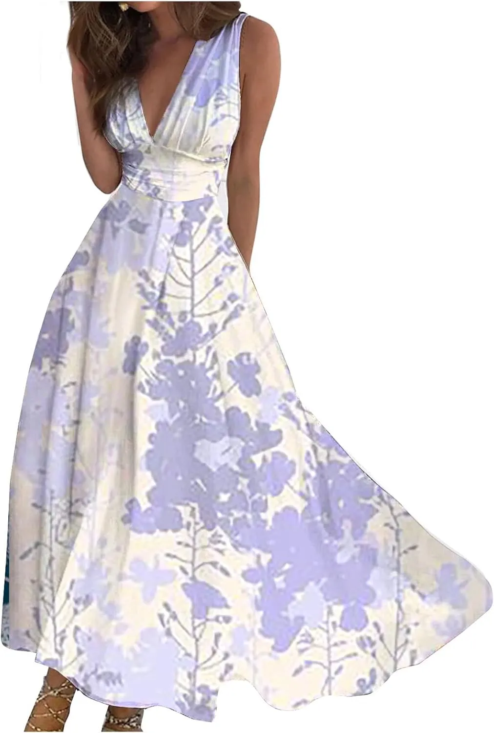 Maxi Dress for Women Sleeveless Printed Dresses High Waiste Deep V Neck Sundresses Beach Boho Dress Maxi Long Dress