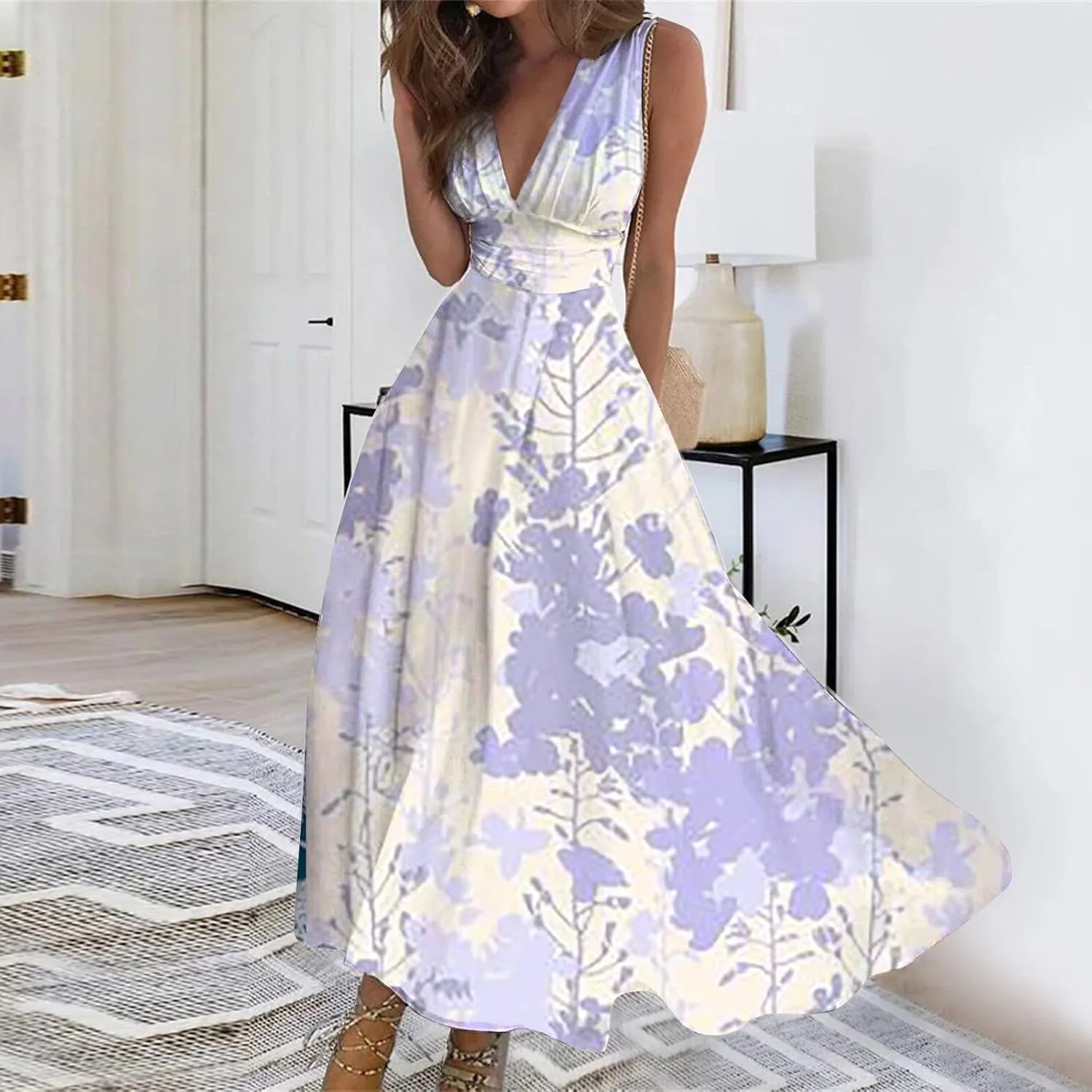 Maxi Dress for Women Sleeveless Printed Dresses High Waiste Deep V Neck Sundresses Beach Boho Dress Maxi Long Dress