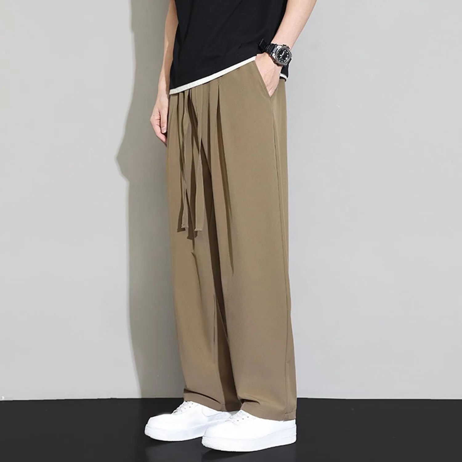 Mens Solid Color Leisure Pants Lightweight Elastic Waist Drawstring Casual Loose Summer Beach Yoga Pants with Pockets