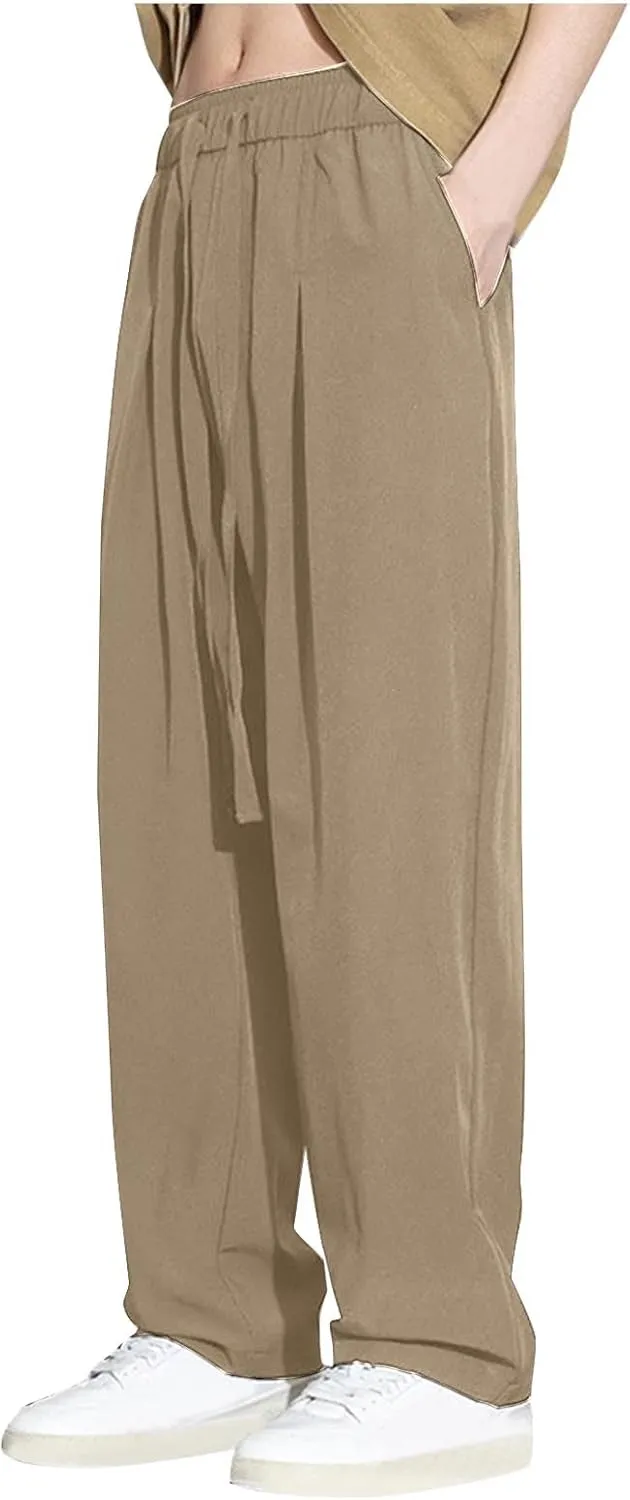 Mens Solid Color Leisure Pants Lightweight Elastic Waist Drawstring Casual Loose Summer Beach Yoga Pants with Pockets