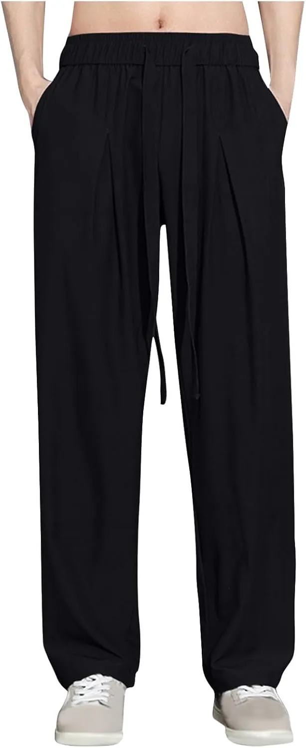 Mens Solid Color Leisure Pants Lightweight Elastic Waist Drawstring Casual Loose Summer Beach Yoga Pants with Pockets