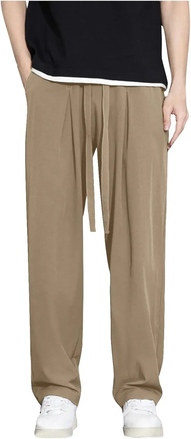 Mens Solid Color Leisure Pants Lightweight Elastic Waist Drawstring Casual Loose Summer Beach Yoga Pants with Pockets