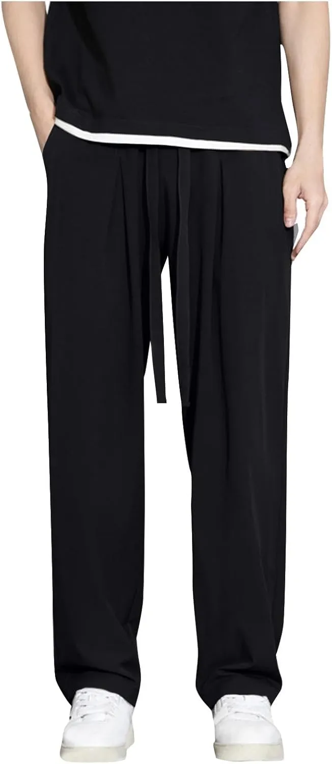 Mens Solid Color Leisure Pants Lightweight Elastic Waist Drawstring Casual Loose Summer Beach Yoga Pants with Pockets