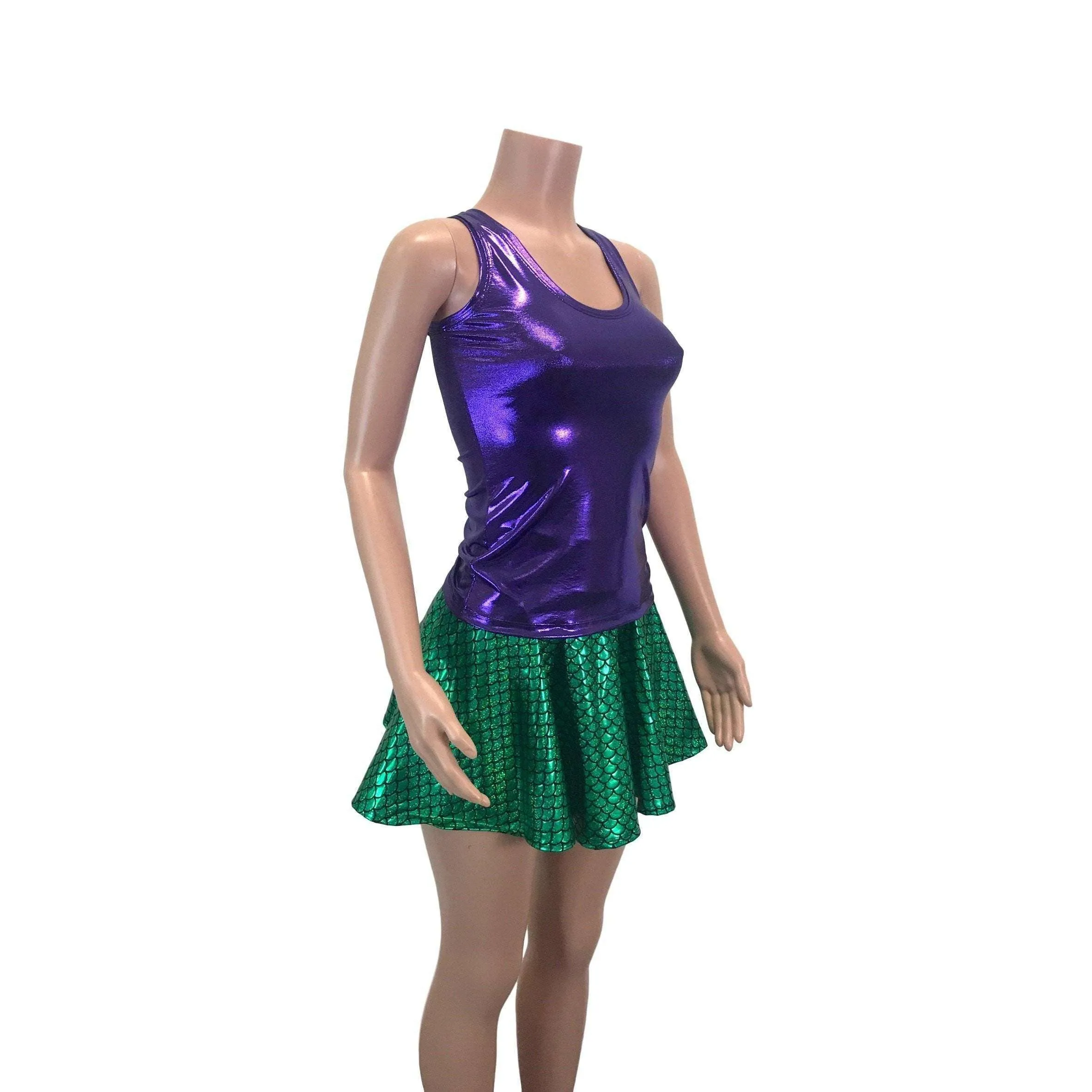 Mermaid Costume - Green Mermaid Scales Skater Skirt & Purple Tank Outfit - Rave Costume, Cosplay