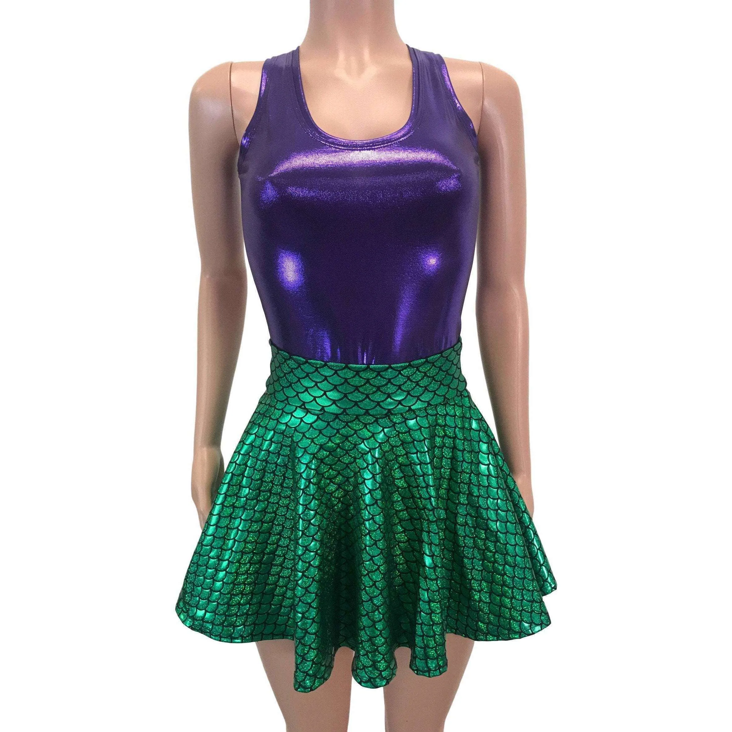 Mermaid Costume - Green Mermaid Scales Skater Skirt & Purple Tank Outfit - Rave Costume, Cosplay