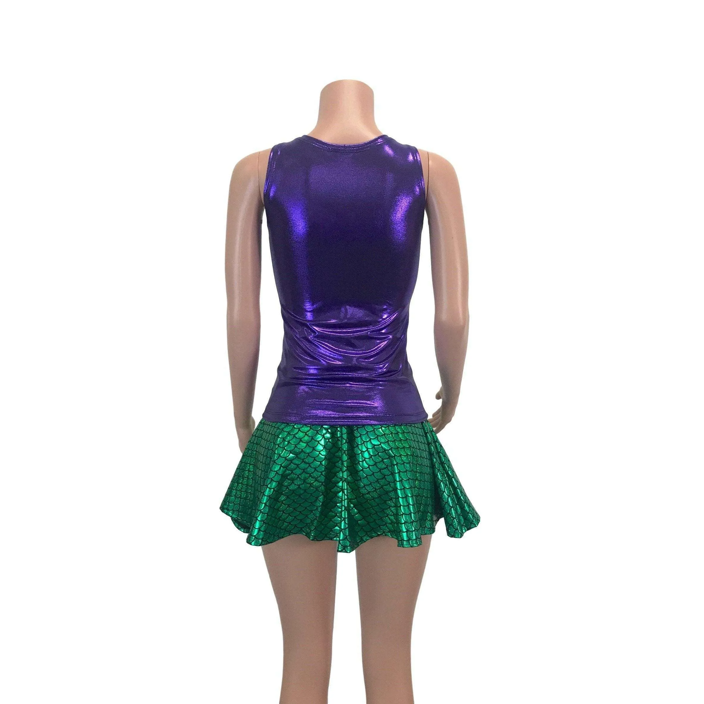 Mermaid Costume - Green Mermaid Scales Skater Skirt & Purple Tank Outfit - Rave Costume, Cosplay