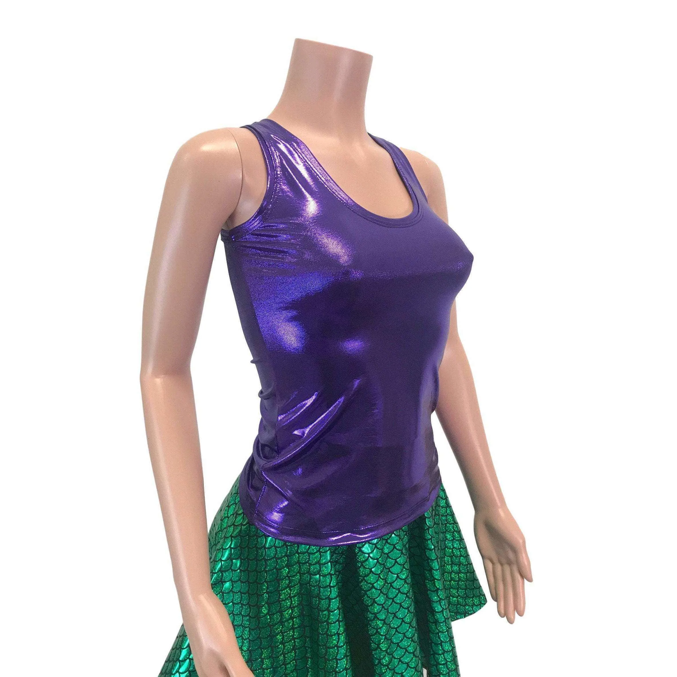 Mermaid Costume - Green Mermaid Scales Skater Skirt & Purple Tank Outfit - Rave Costume, Cosplay