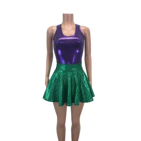 Mermaid Costume - Green Mermaid Scales Skater Skirt & Purple Tank Outfit - Rave Costume, Cosplay