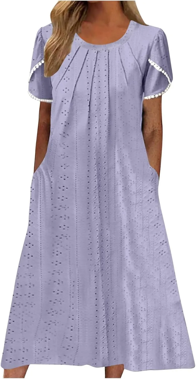 Midi Dresses for Women Summer Crew Neck Petal Sleeve Lace-Up Hollow Out Ruched High Waist Eyelet Dress with Pockets